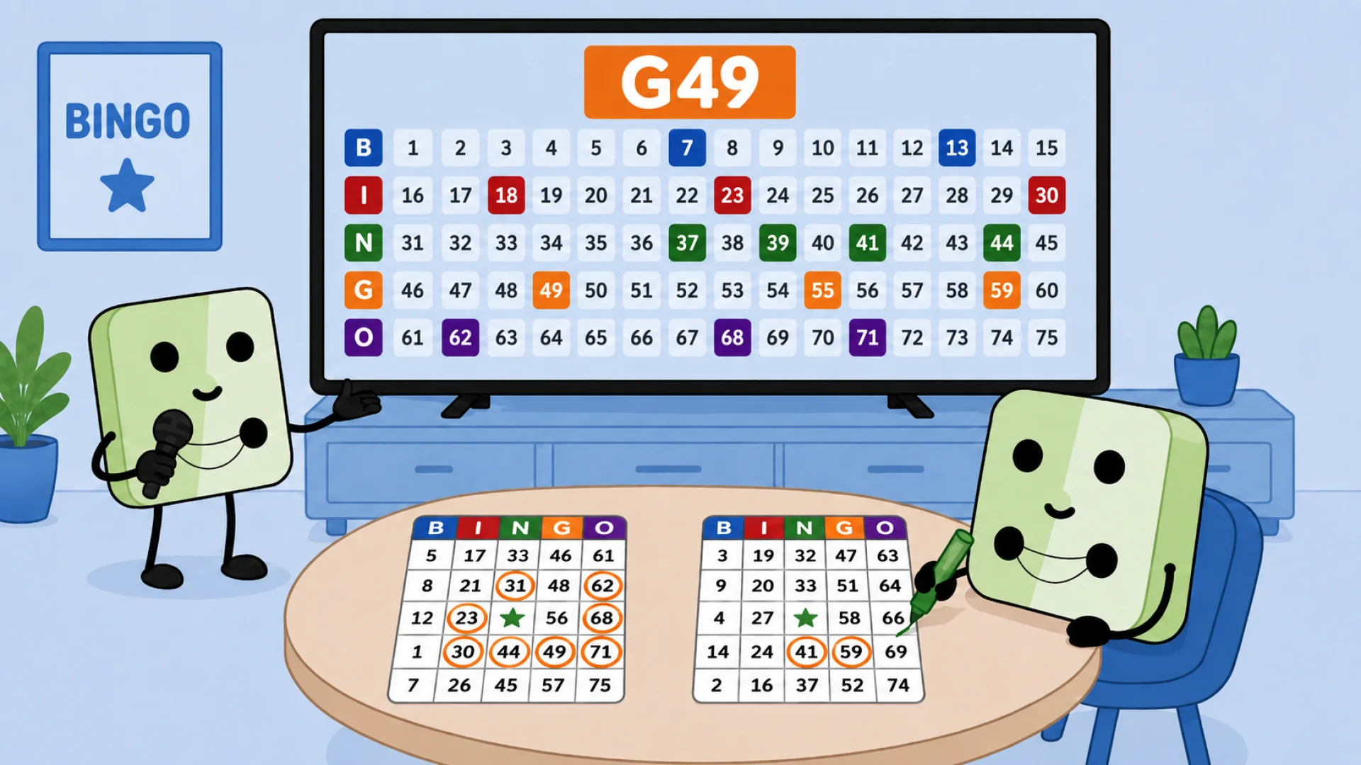 Number G49 shows on the big screen of a bingo game while a player marks their cards