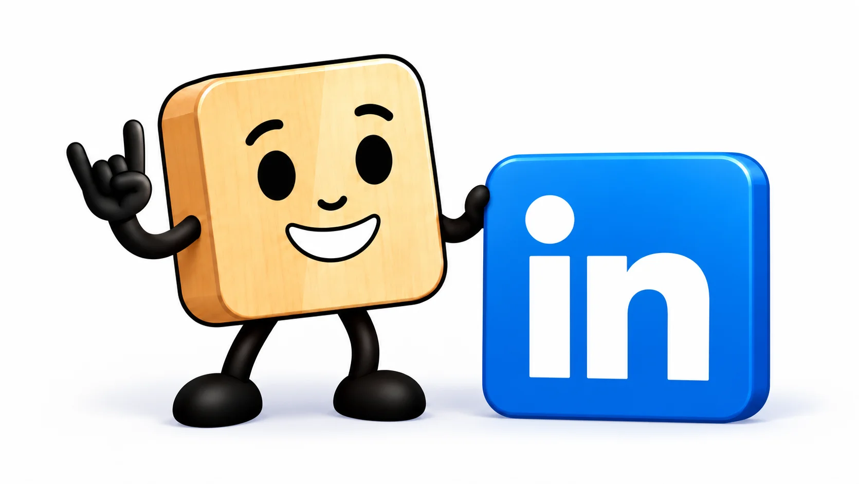 Le personnage en bois fait un geste rock à côté du logo LinkedIn