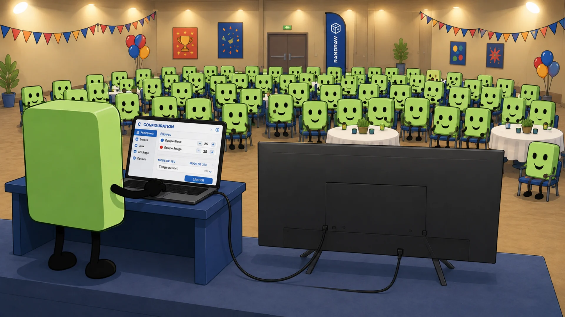 An event audience follows the activity on the big screen, driven from a computer