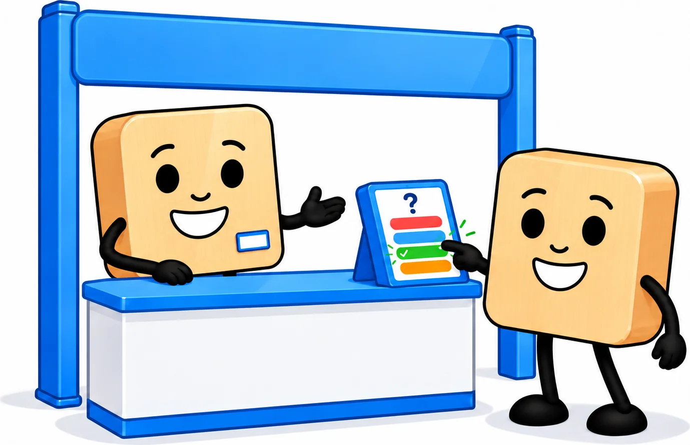 Sa isang booth sa trade show, sumasagot ang isang bisita sa quiz sa tablet na nasa counter, sa paanyaya ng exhibitor