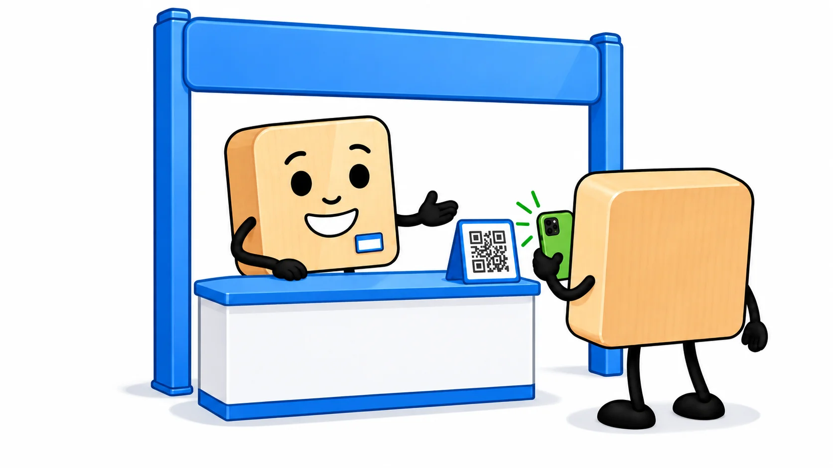 Sa isang booth sa trade show, ini-scan ng isang bisita ang QR code sa counter gamit ang cellphone, habang sinasalubong siya ng exhibitor